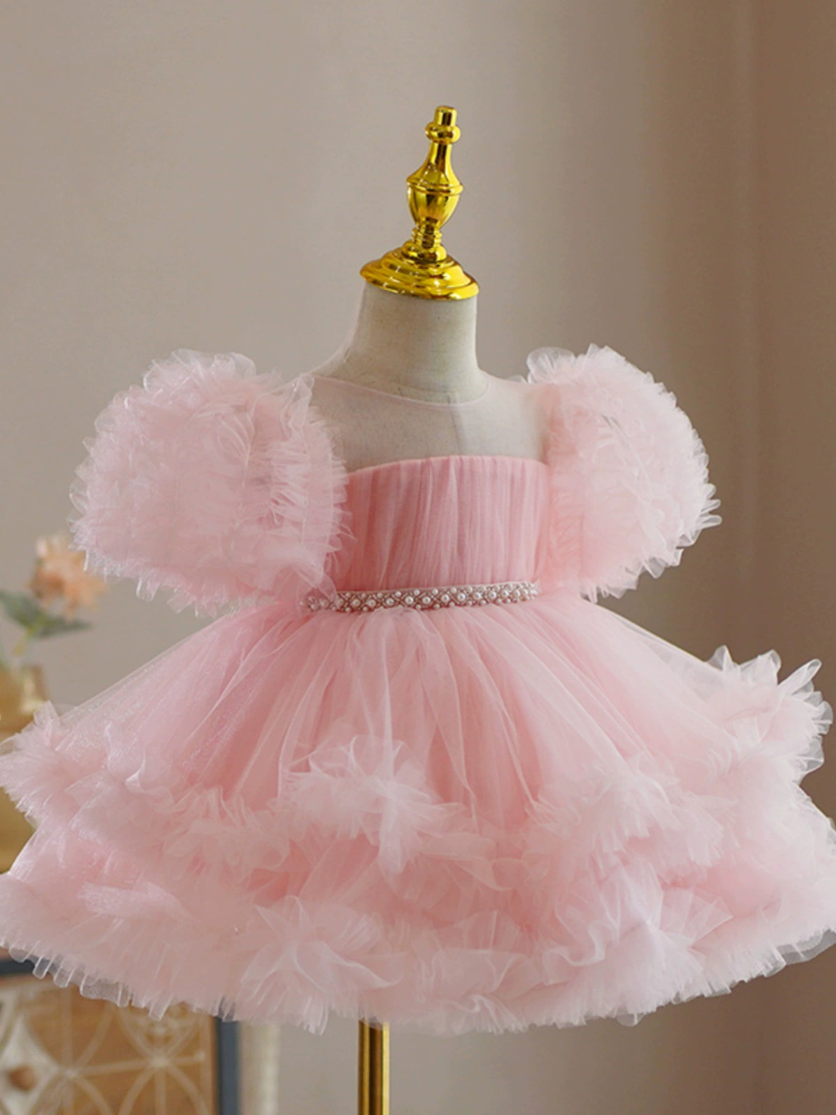 Princess Pink Tulle Back Zip Baptism Beaded Tea Length Short Sleeve Cold Shoulder Sleeve Round Flower Girl Dress