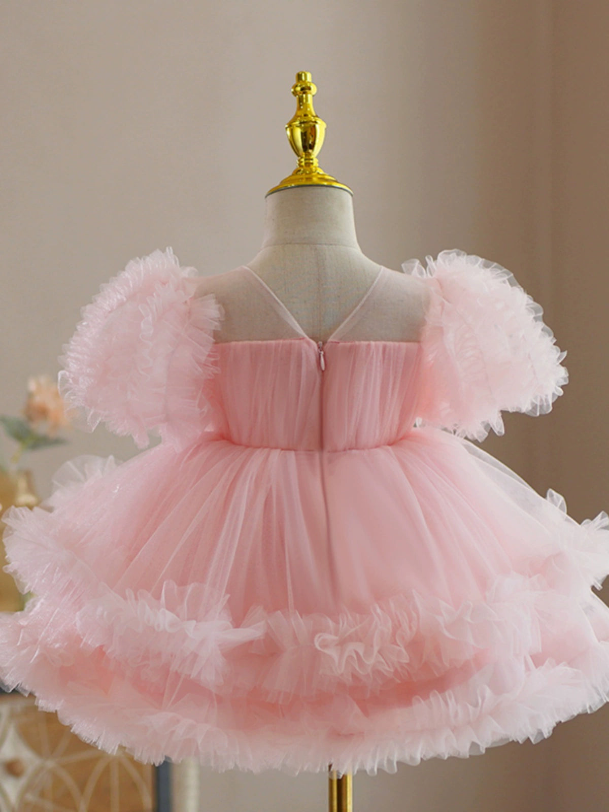 Princess Pink Tulle Back Zip Baptism Beaded Tea Length Short Sleeve Cold Shoulder Sleeve Round Flower Girl Dress