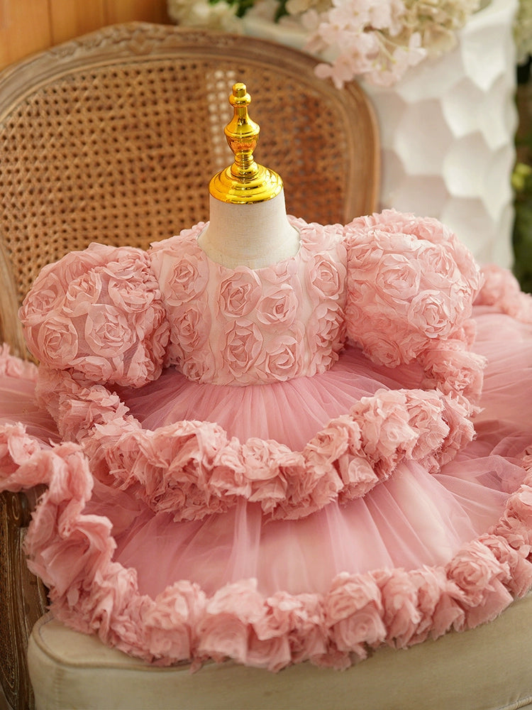 Princess Pink Tulle Back Zip Baptism Flower(s) Tea Length Short Sleeve Puff Sleeve Round Flower Girl Dress
