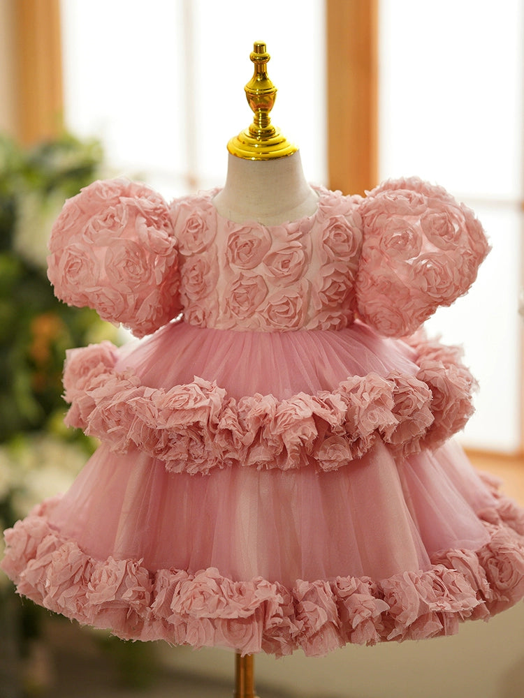 Princess Pink Tulle Back Zip Baptism Flower(s) Tea Length Short Sleeve Puff Sleeve Round Flower Girl Dress