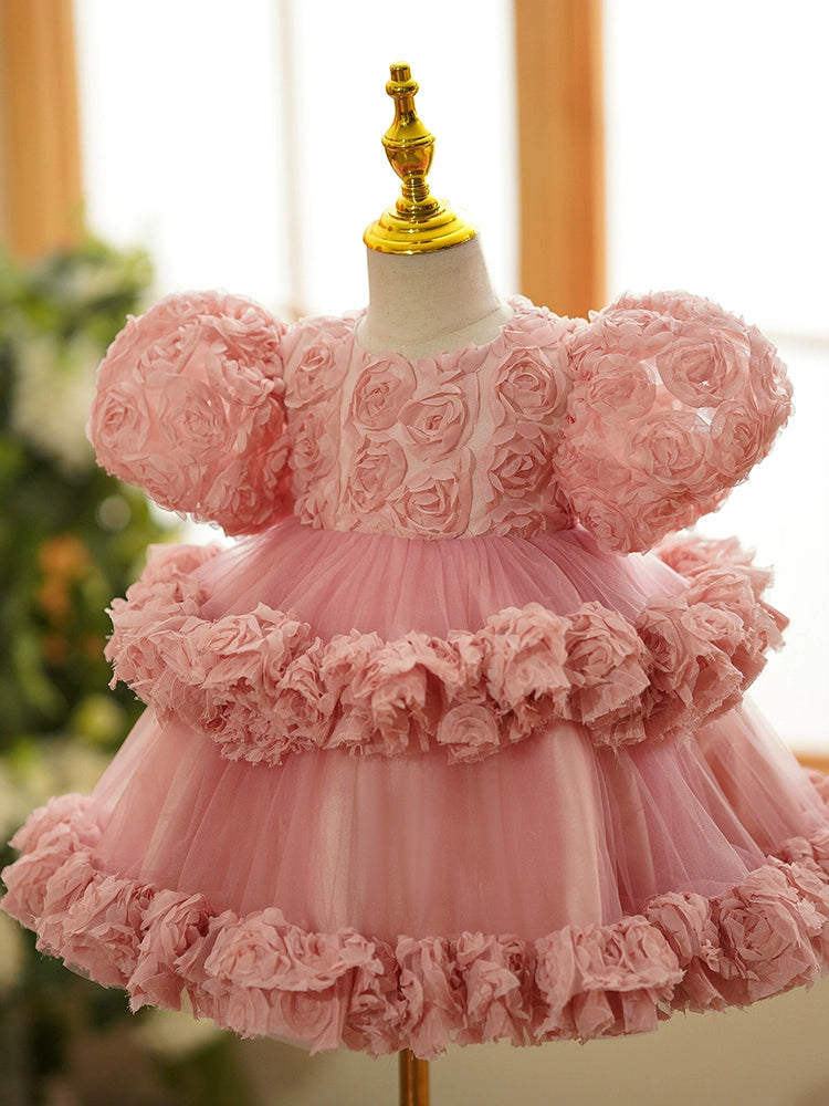 Princess Pink Tulle Back Zip Baptism Flower(s) Tea Length Short Sleeve Puff Sleeve Round Flower Girl Dress
