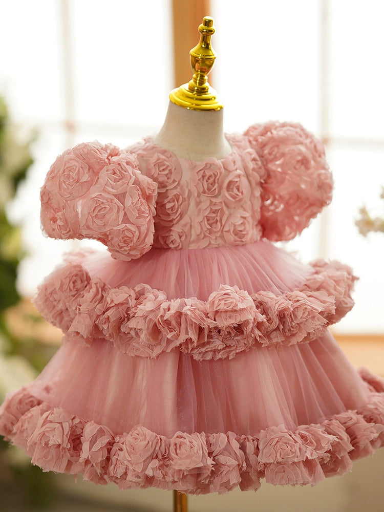 Princess Pink Tulle Back Zip Baptism Flower(s) Tea Length Short Sleeve Puff Sleeve Round Flower Girl Dress