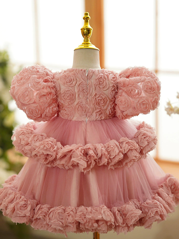 Princess Pink Tulle Back Zip Baptism Flower(s) Tea Length Short Sleeve Puff Sleeve Round Flower Girl Dress