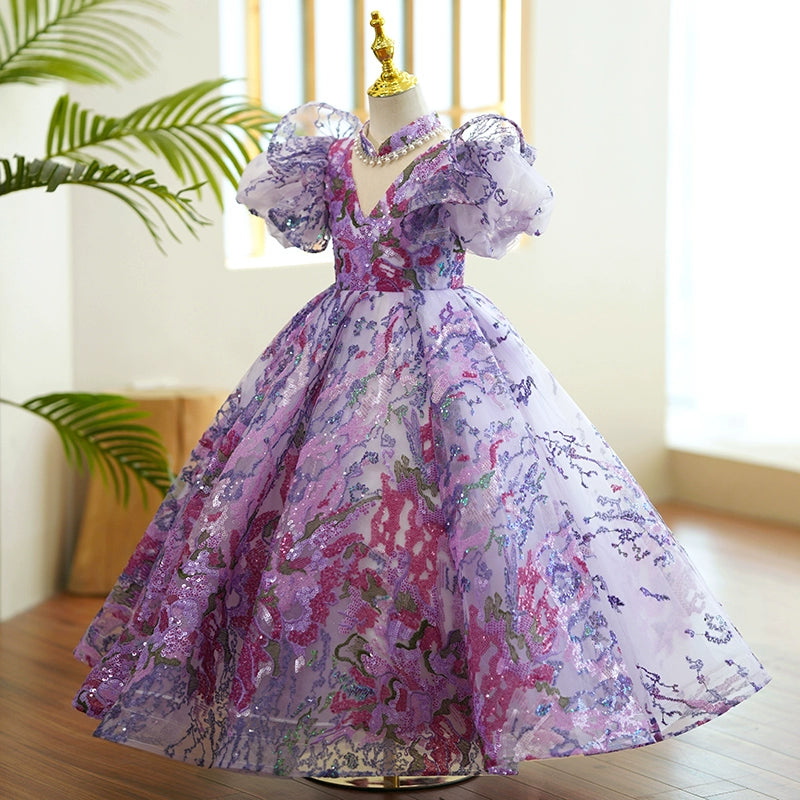 Princess Purple Sequined Crossed Straps Baptism Lace Floor Length Short Sleeve Cap Sleeve V-Neck Flower Girl Dress