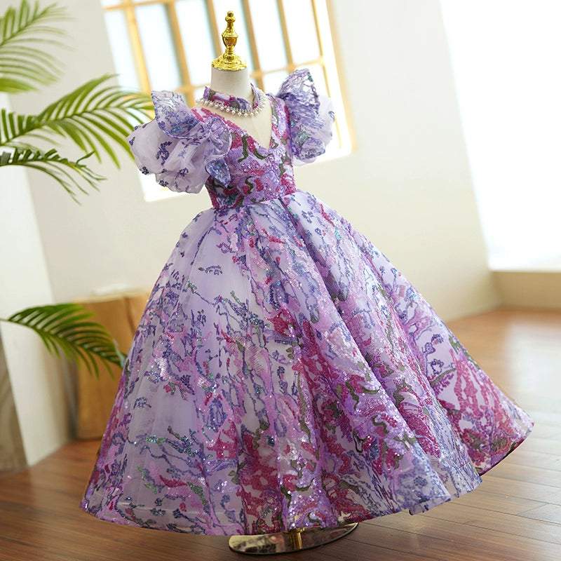 Princess Purple Sequined Crossed Straps Baptism Lace Floor Length Short Sleeve Cap Sleeve V-Neck Flower Girl Dress