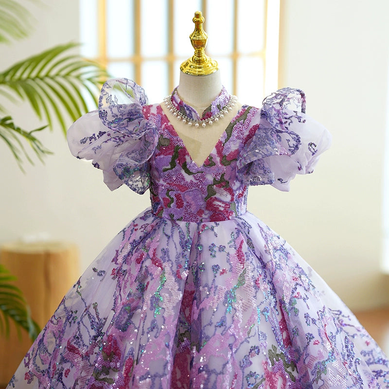 Princess Purple Sequined Crossed Straps Baptism Lace Floor Length Short Sleeve Cap Sleeve V-Neck Flower Girl Dress