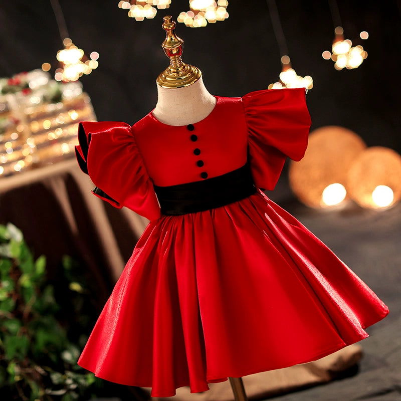 Princess Red Satin Back Zip Baptism Tea Length Short Sleeve Flutter Sleeve Round Flower Girl Dress