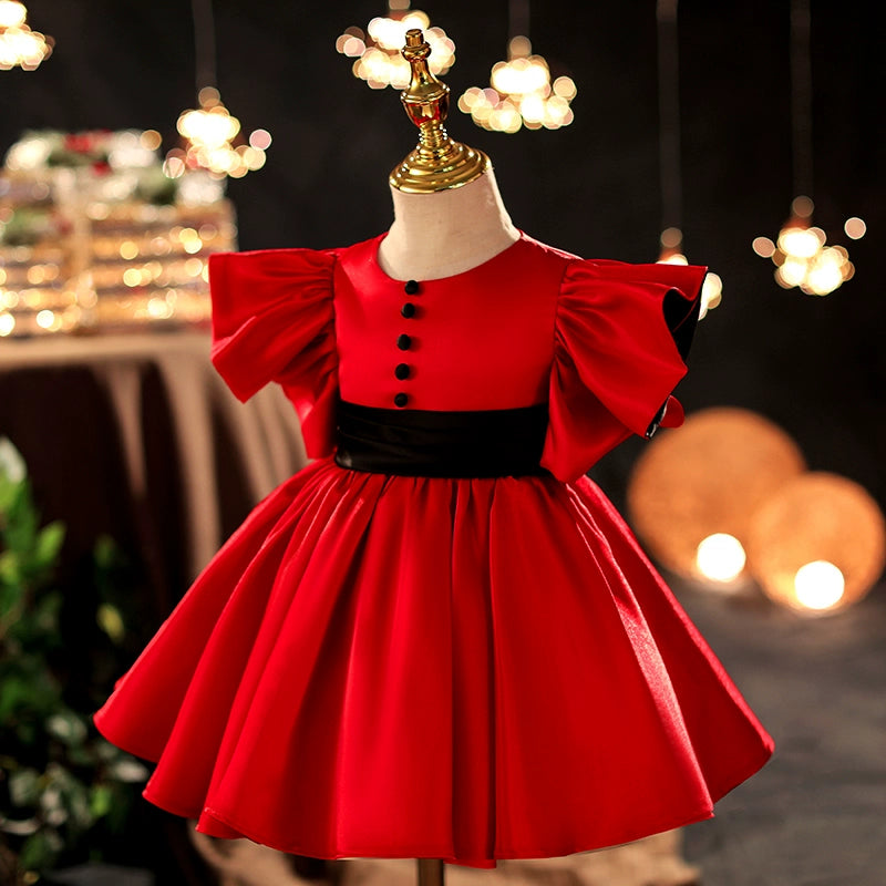Princess Red Satin Back Zip Baptism Tea Length Short Sleeve Flutter Sleeve Round Flower Girl Dress
