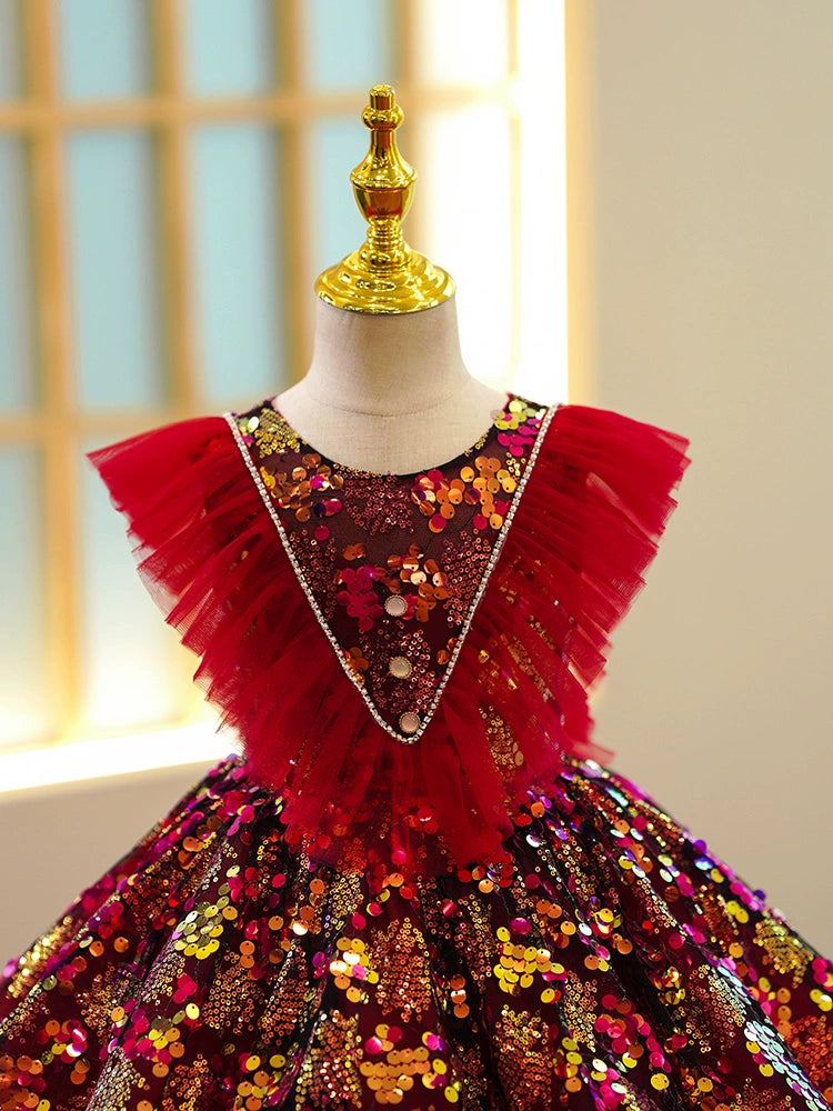 Princess Red Sequined Back Zip Baptism Sequin Tea Length Sleeveless Round Flower Girl Dress