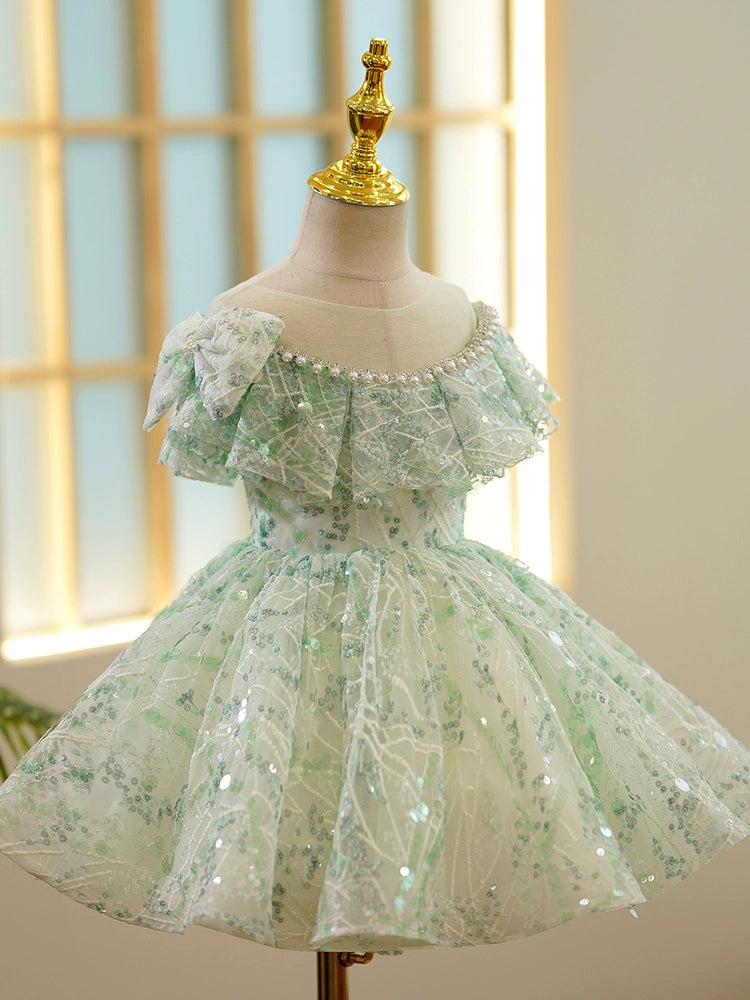 Princess Sage Green Sequined Back Zip Baptism Beaded Tea Length Short Sleeve Cap Sleeve Off Shoulder Flower Girl Dress