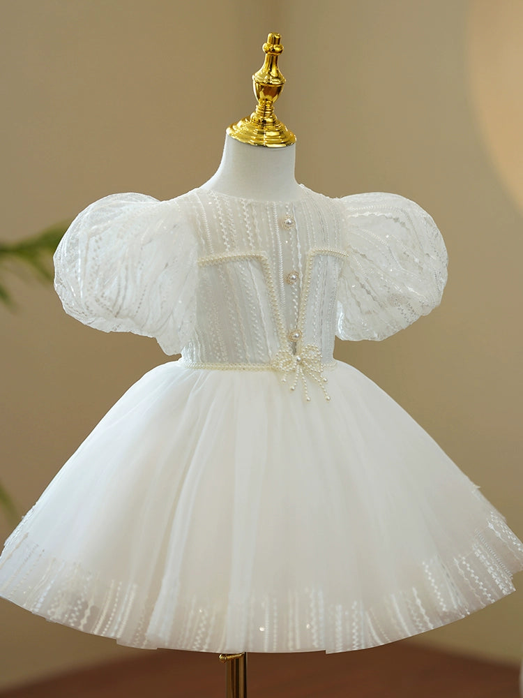 Princess White Lace Back Zip Baptism Lace Tea Length Short Sleeve Puff Sleeve Round Flower Girl Dress