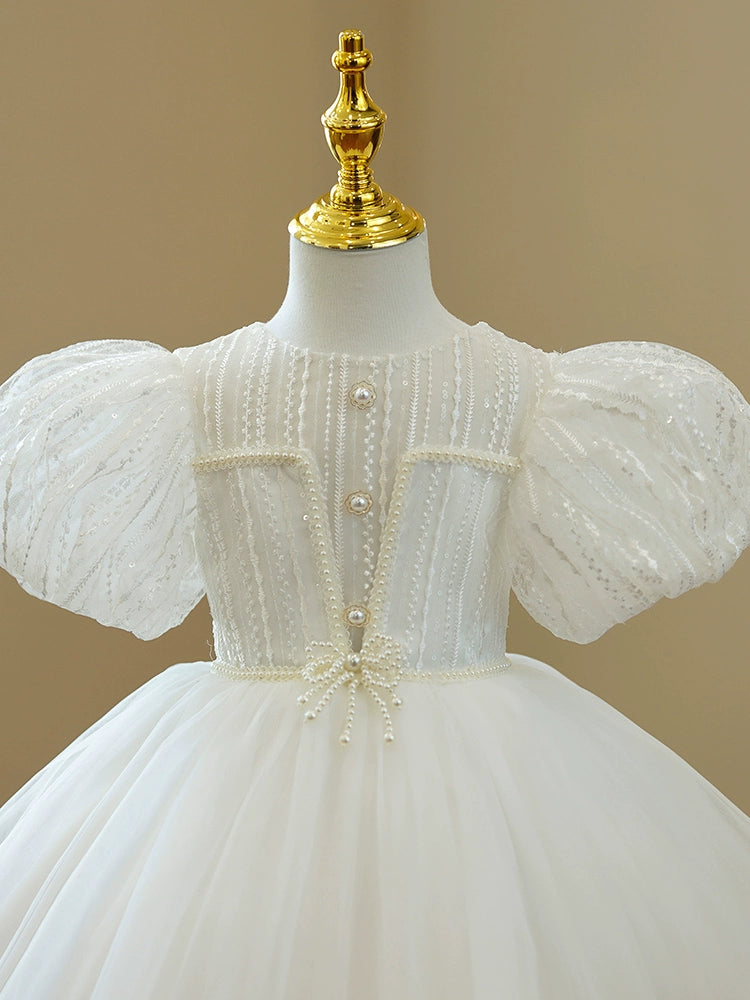 Princess White Lace Back Zip Baptism Lace Tea Length Short Sleeve Puff Sleeve Round Flower Girl Dress