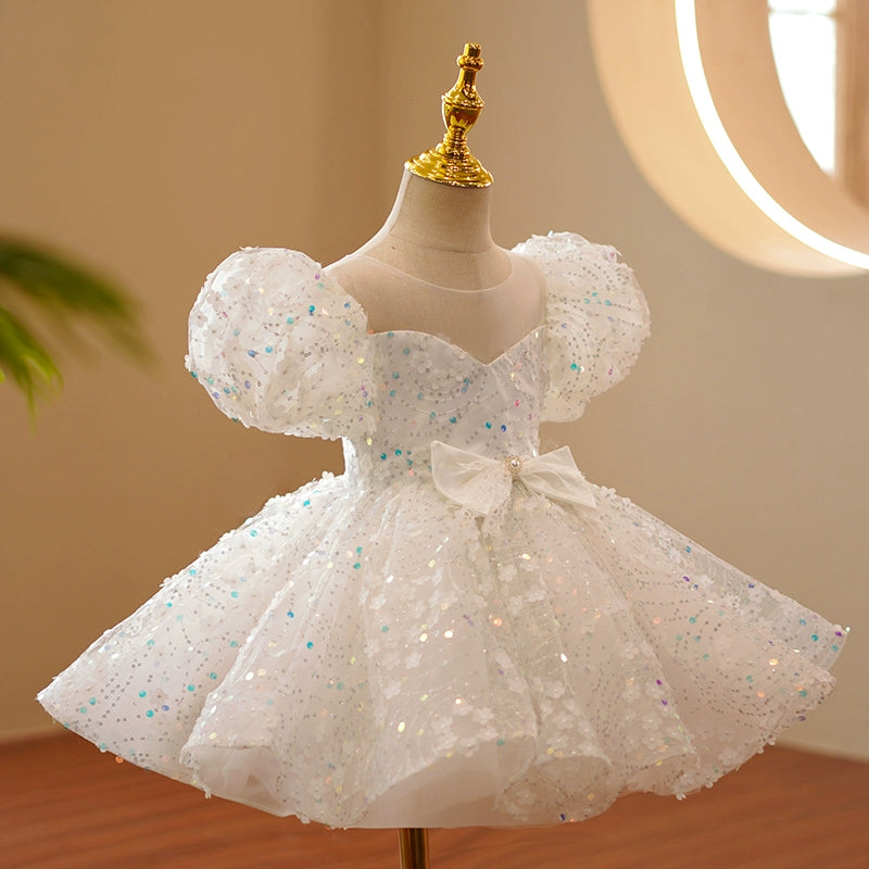 Princess White Lace Back Zip Baptism Lace Tea Length Short Sleeve Puff Sleeve Round Flower Girl Dress