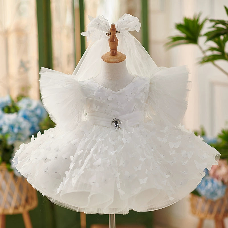 Princess White Lace Back Zip Baptism Lace Tea Length Short Sleeve Puff Sleeve Scoop Flower Girl Dress