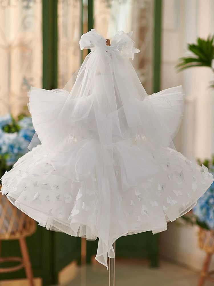 Princess White Lace Back Zip Baptism Lace Tea Length Short Sleeve Puff Sleeve Scoop Flower Girl Dress