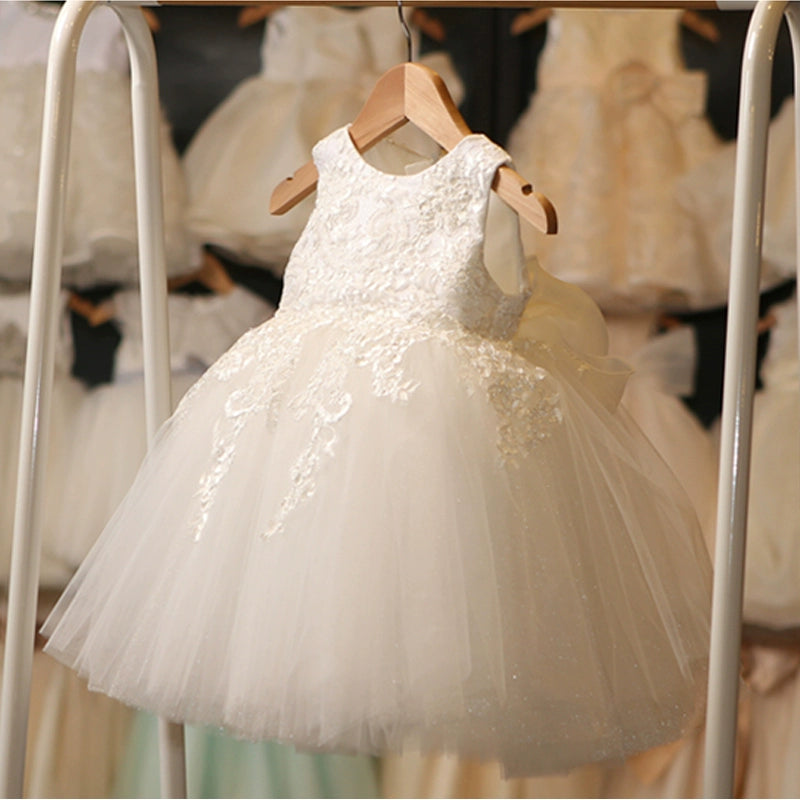 Princess White Lace Back Zip Baptism Lace Tea Length Sleeveless Cold Shoulder Sleeve Round Flower Girl Dress