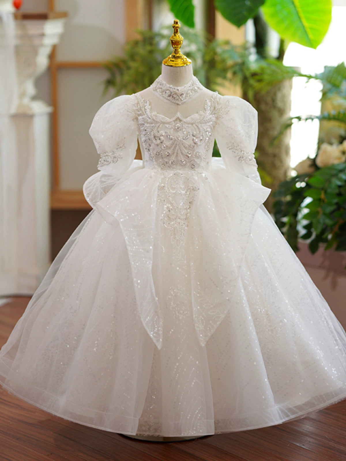 Princess White Organza Crossed Straps Baptism Lace Floor Length Long Sleeve Puff Sleeve Jewel Neck Flower Girl Dress