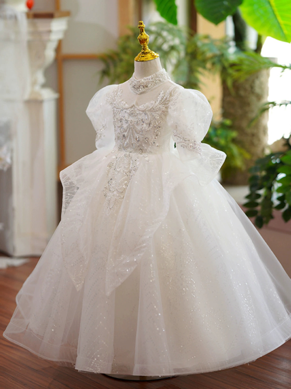 Princess White Organza Crossed Straps Baptism Lace Floor Length Long Sleeve Puff Sleeve Jewel Neck Flower Girl Dress