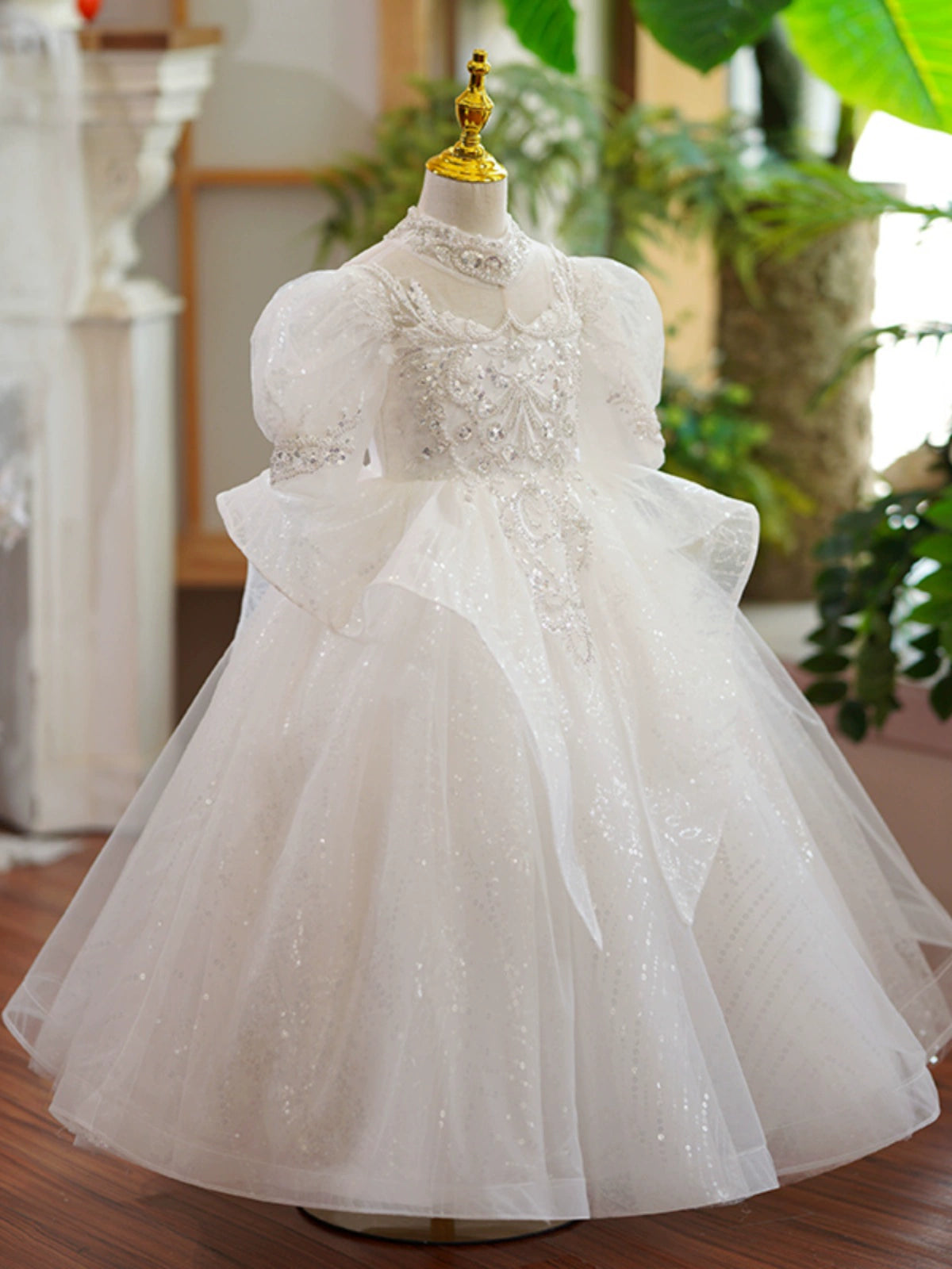 Princess White Organza Crossed Straps Baptism Lace Floor Length Long Sleeve Puff Sleeve Jewel Neck Flower Girl Dress