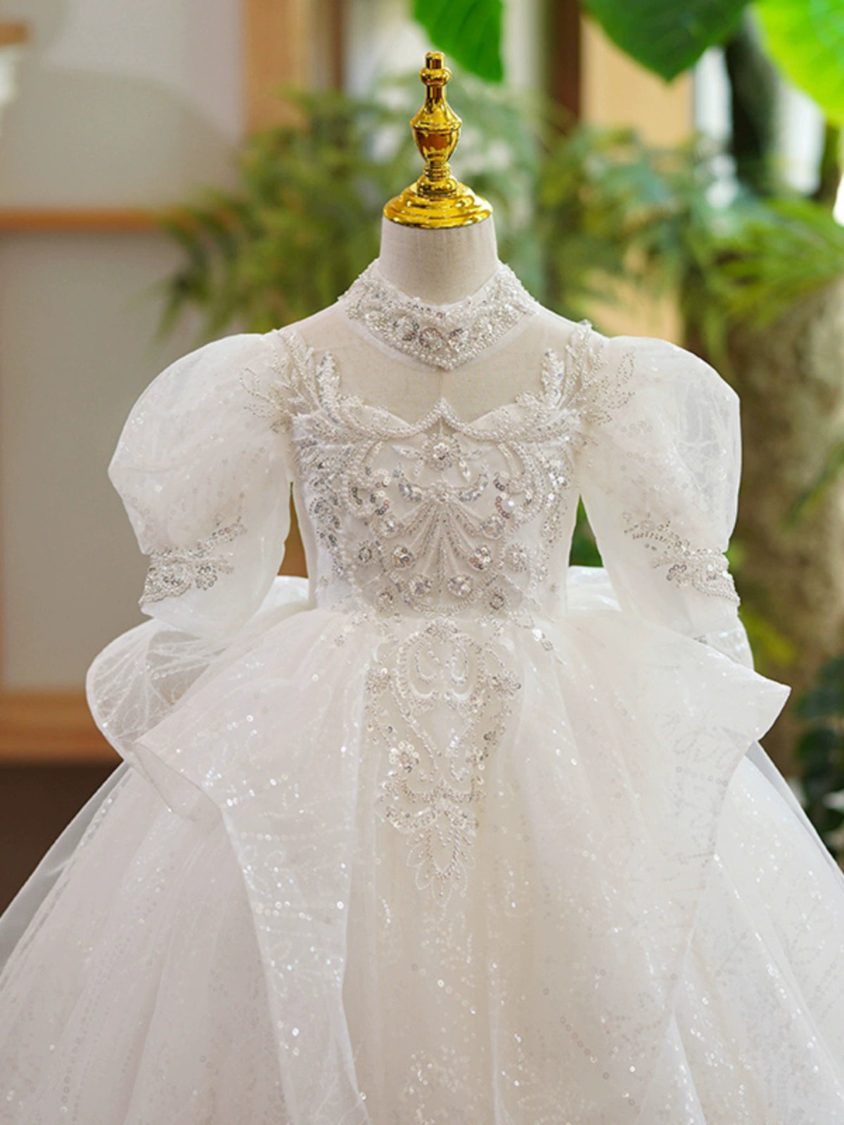 Princess White Organza Crossed Straps Baptism Lace Floor Length Long Sleeve Puff Sleeve Jewel Neck Flower Girl Dress