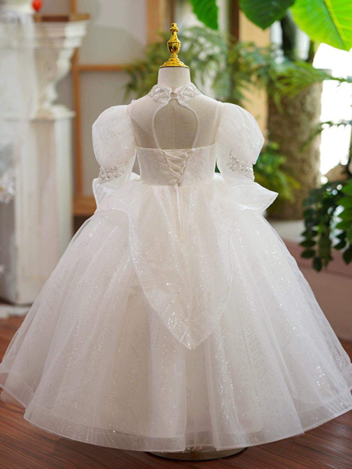 Princess White Organza Crossed Straps Baptism Lace Floor Length Long Sleeve Puff Sleeve Jewel Neck Flower Girl Dress