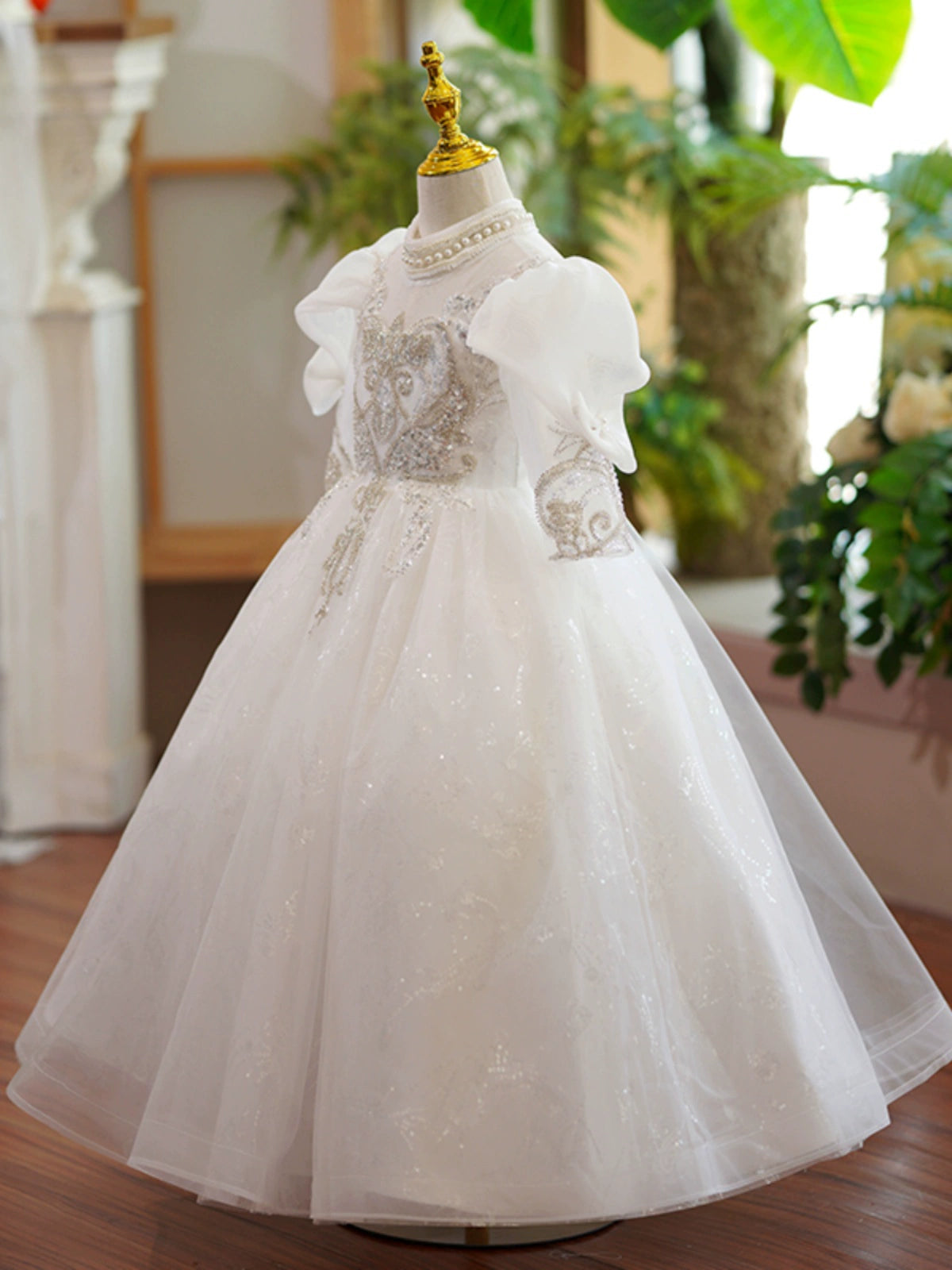 Princess White Organza Crossed Straps Baptism Lace Floor Length Long Sleeve Puff Sleeve Jewel Neck Flower Girl Dress