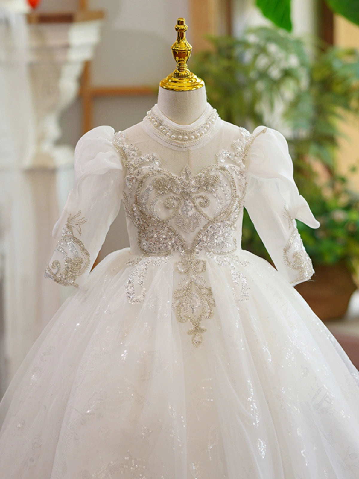 Princess White Organza Crossed Straps Baptism Lace Floor Length Long Sleeve Puff Sleeve Jewel Neck Flower Girl Dress