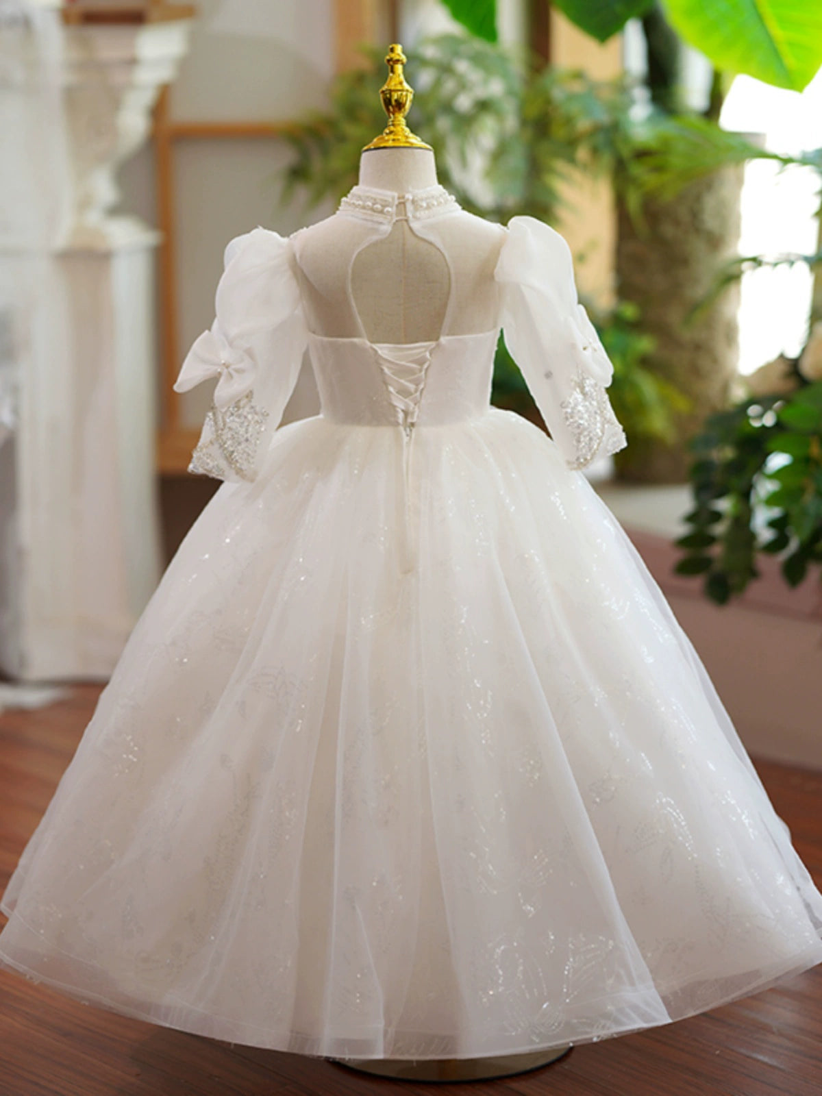 Princess White Organza Crossed Straps Baptism Lace Floor Length Long Sleeve Puff Sleeve Jewel Neck Flower Girl Dress