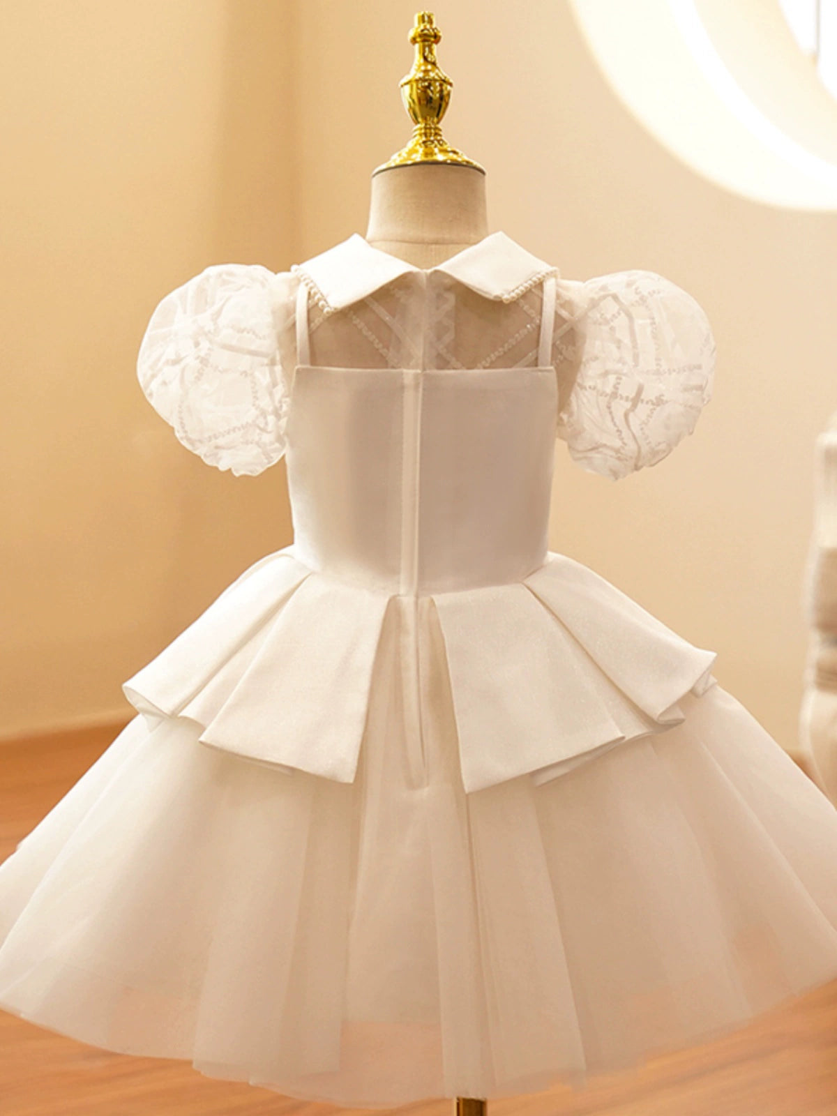Princess White Satin Back Zip Baptism Beaded Tea Length Short Sleeve Lantern Sleeve Collared Neck Flower Girl Dress