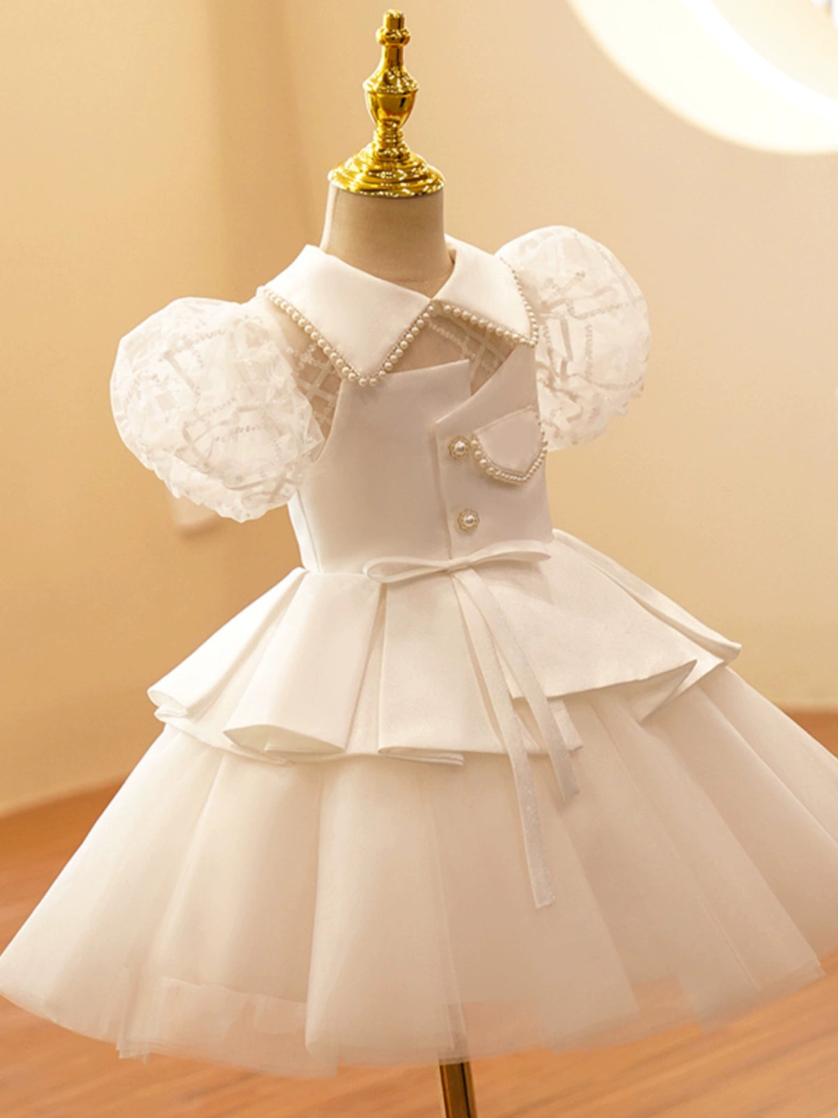 Princess White Satin Back Zip Baptism Beaded Tea Length Short Sleeve Lantern Sleeve Collared Neck Flower Girl Dress