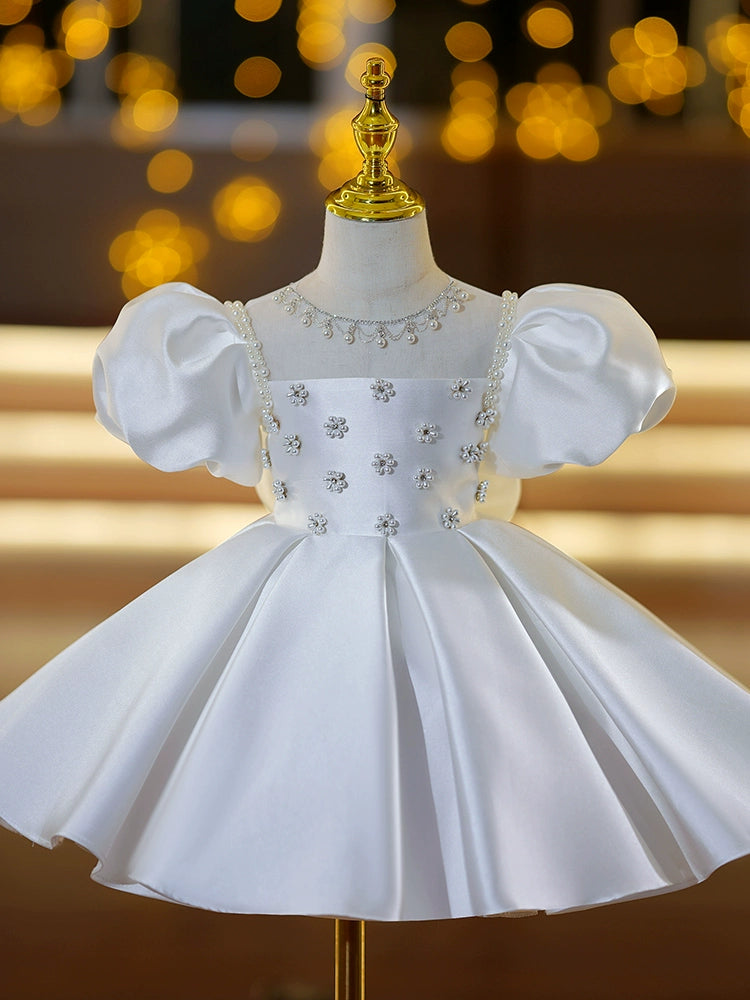 Princess White Satin Back Zip Baptism Beaded Tea Length Short Sleeve Puff Sleeve Square Flower Girl Dress