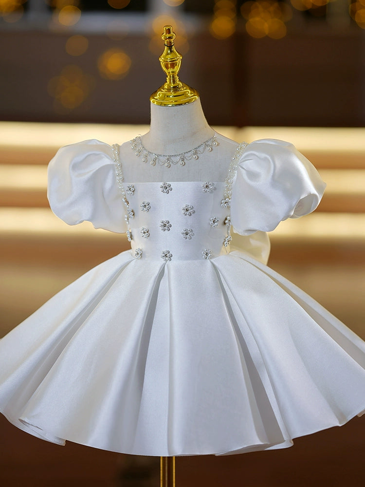 Princess White Satin Back Zip Baptism Beaded Tea Length Short Sleeve Puff Sleeve Square Flower Girl Dress