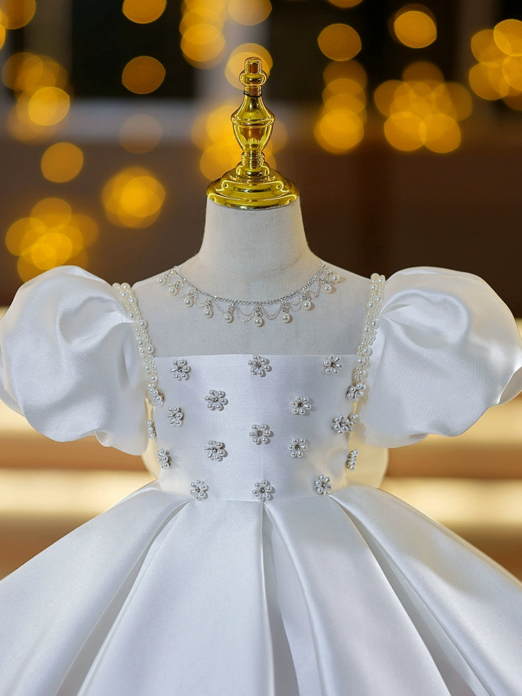 Princess White Satin Back Zip Baptism Beaded Tea Length Short Sleeve Puff Sleeve Square Flower Girl Dress