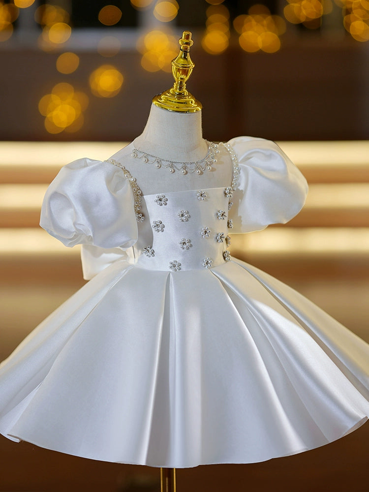Princess White Satin Back Zip Baptism Beaded Tea Length Short Sleeve Puff Sleeve Square Flower Girl Dress