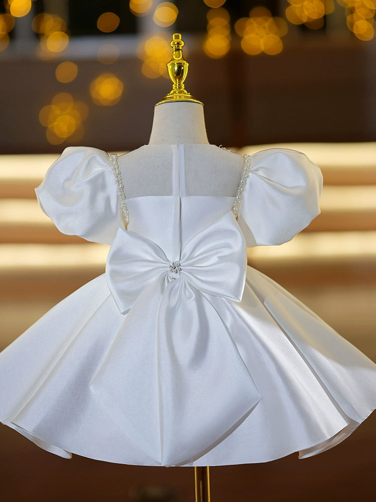 Princess White Satin Back Zip Baptism Beaded Tea Length Short Sleeve Puff Sleeve Square Flower Girl Dress