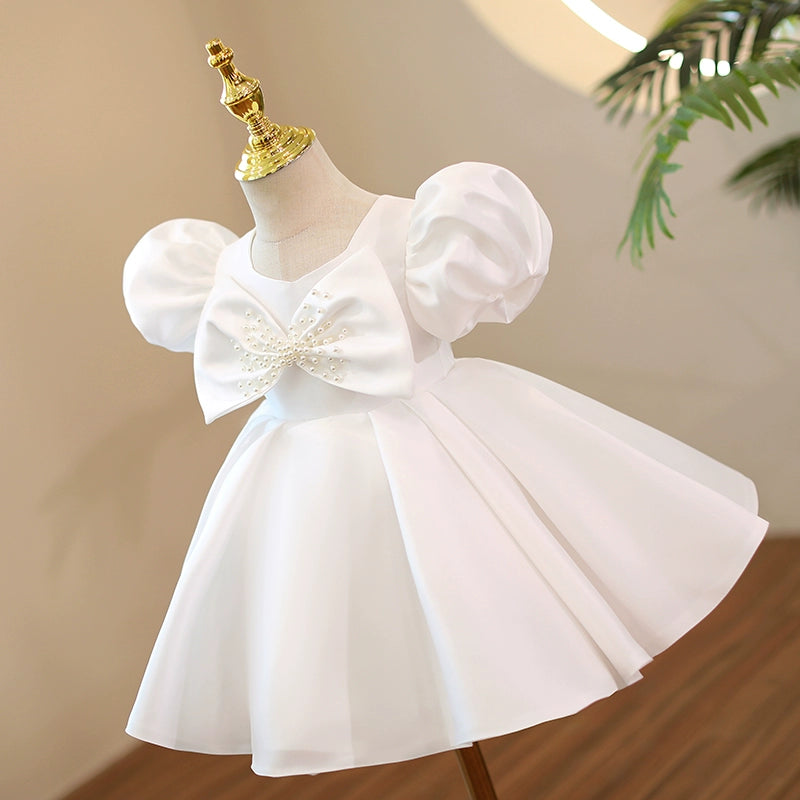 Princess White Satin Back Zip Baptism Bow(s) Tea Length Short Sleeve Puff Sleeve Square Flower Girl Dress