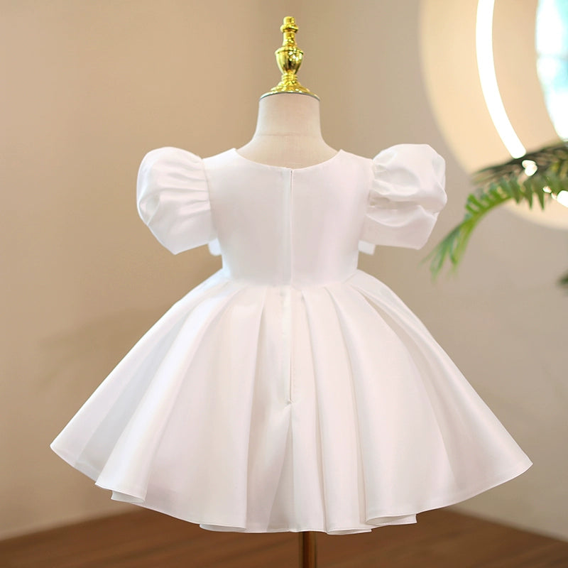 Princess White Satin Back Zip Baptism Bow(s) Tea Length Short Sleeve Puff Sleeve Square Flower Girl Dress