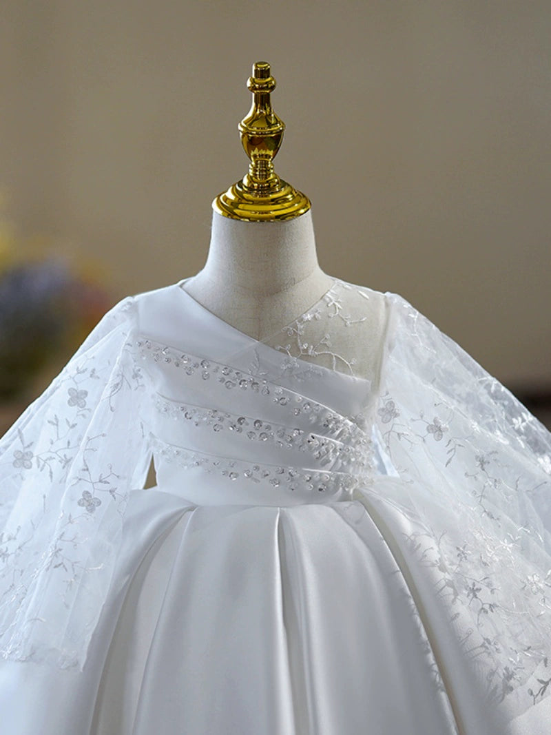 Princess White Satin Back Zip Baptism Lace Long Sleeve Bell Sleeve V-Neck Flower Girl Dress