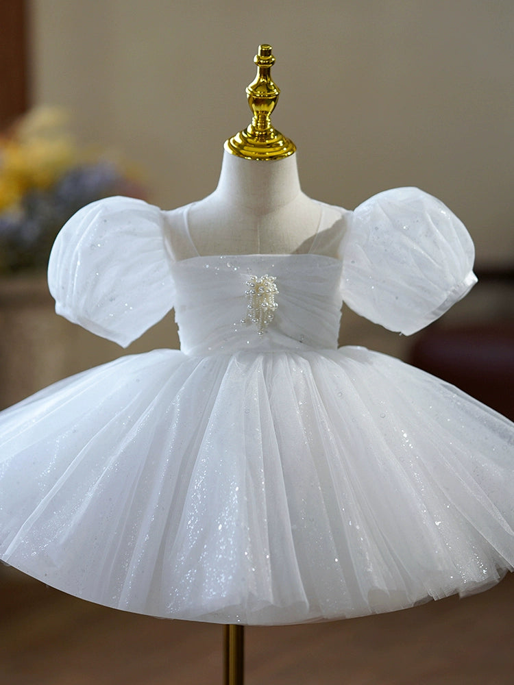 Princess White Sequined Back Zip Baptism Sequins Tea Length Short Sleeve Puff Sleeve Square Flower Girl Dress