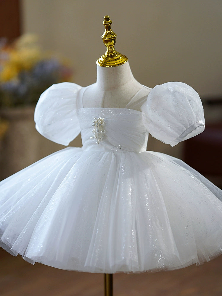 Princess White Sequined Back Zip Baptism Sequins Tea Length Short Sleeve Puff Sleeve Square Flower Girl Dress
