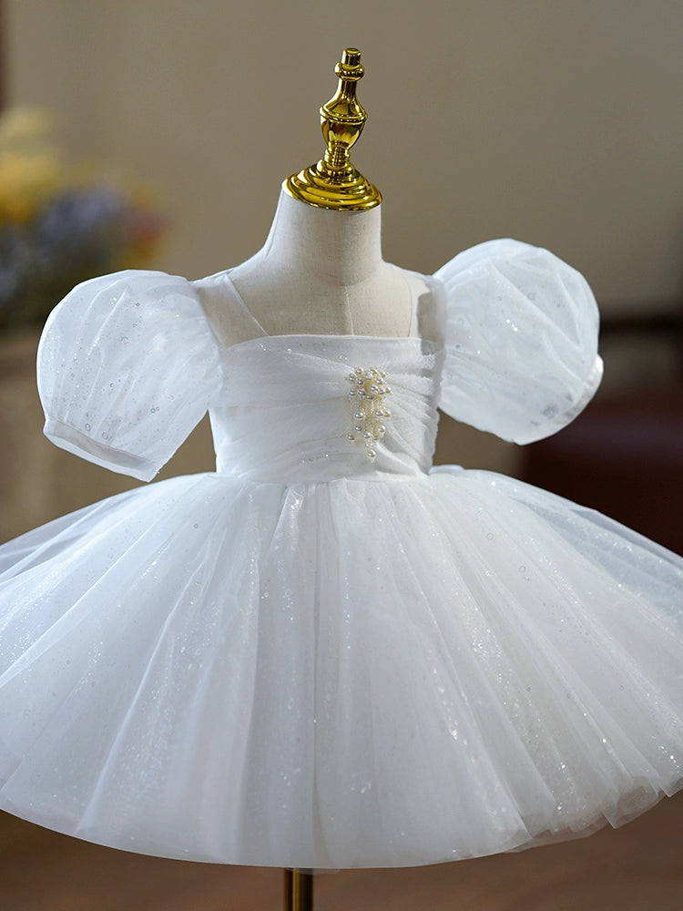 Princess White Sequined Back Zip Baptism Sequins Tea Length Short Sleeve Puff Sleeve Square Flower Girl Dress