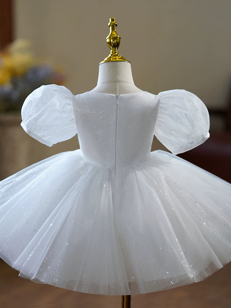 Princess White Sequined Back Zip Baptism Sequins Tea Length Short Sleeve Puff Sleeve Square Flower Girl Dress