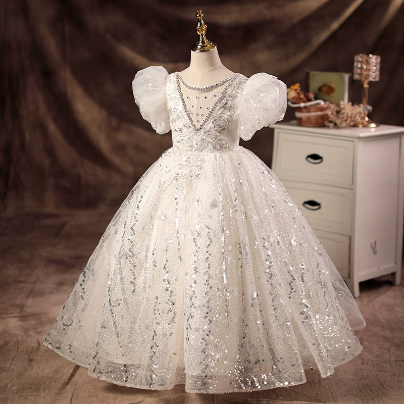 Princess White Sequined Crossed Straps Baptism Beaded Floor Length Short Sleeve Puff Sleeve Jewel Neck Flower Girl Dress