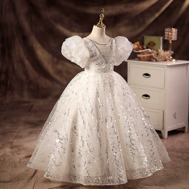 Princess White Sequined Crossed Straps Baptism Beaded Floor Length Short Sleeve Puff Sleeve Jewel Neck Flower Girl Dress