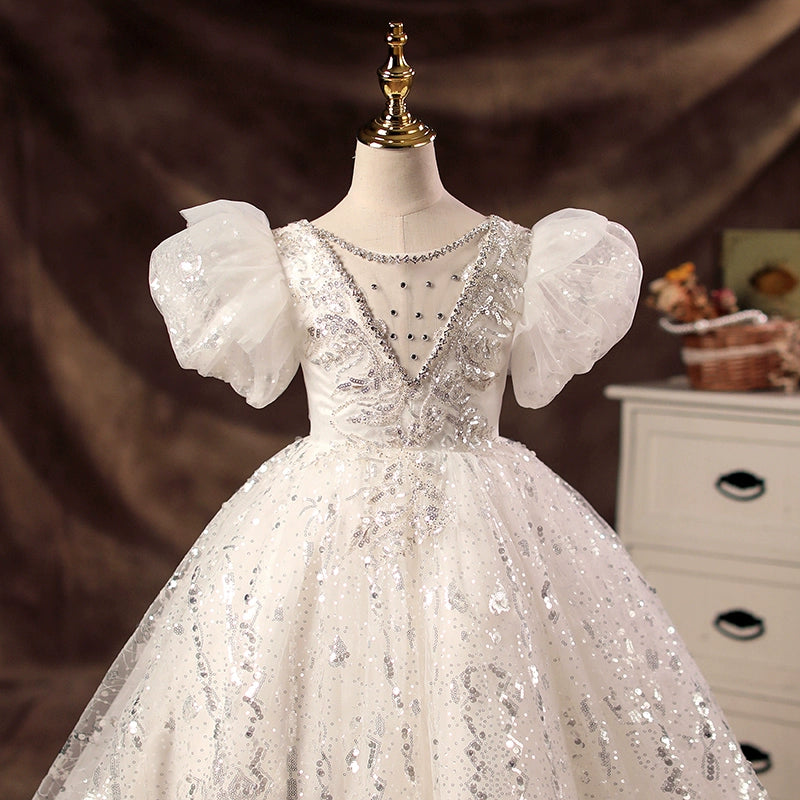 Princess White Sequined Crossed Straps Baptism Beaded Floor Length Short Sleeve Puff Sleeve Jewel Neck Flower Girl Dress