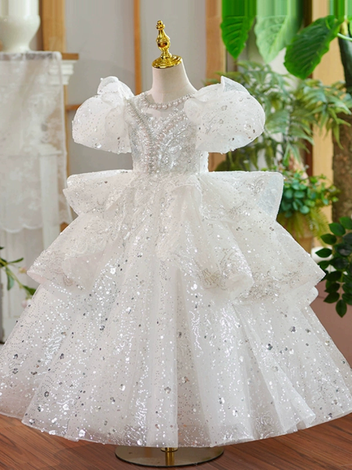 Princess White Sequined Crossed Straps Baptism Beaded Floor Length Short Sleeve Puff Sleeve Jewel Neck Flower Girl Dress
