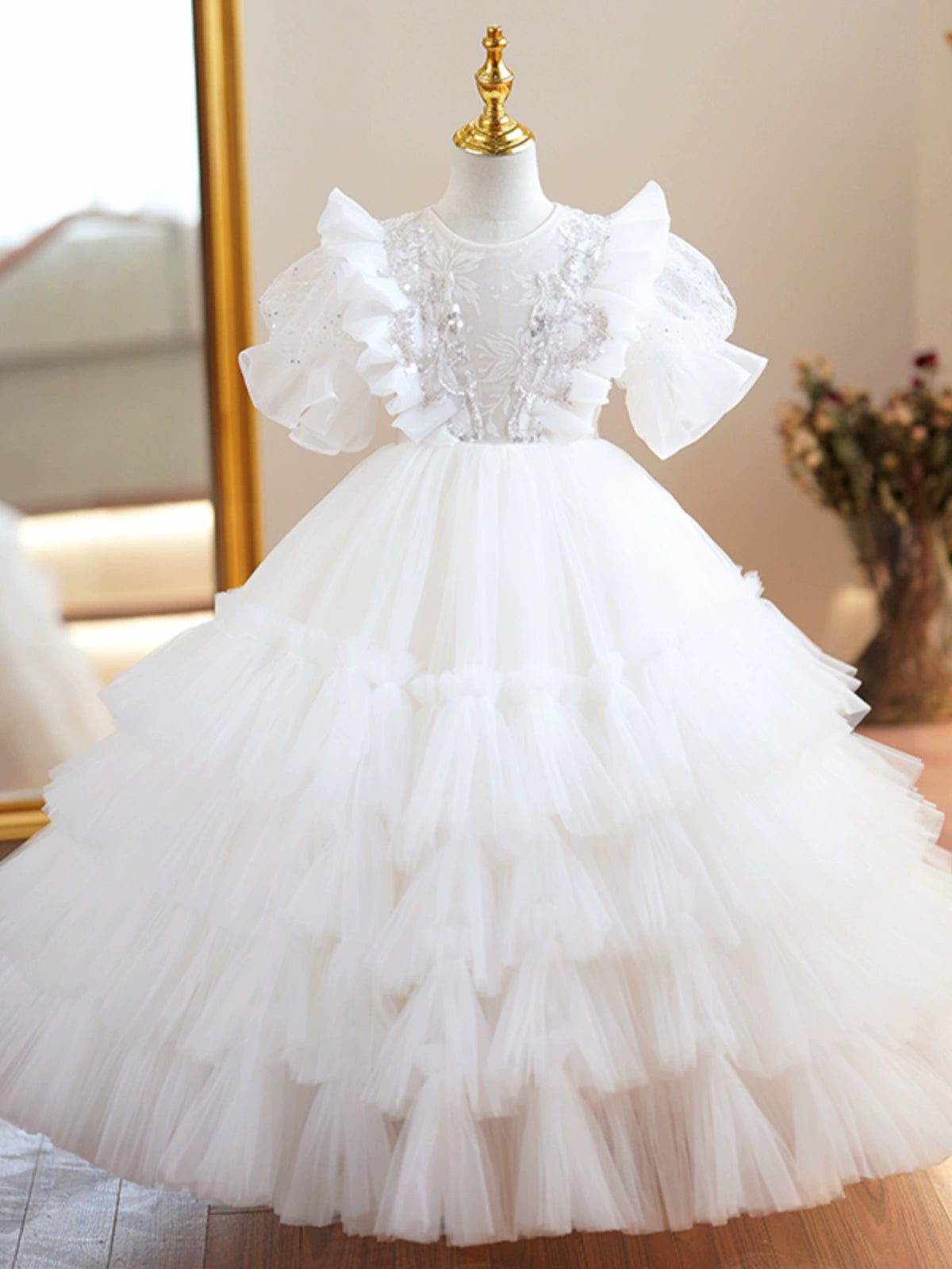 Princess White Tulle Back Zip Baptism Lace Floor Length Short Sleeve Puff Sleeve Round Flower Girl Dress