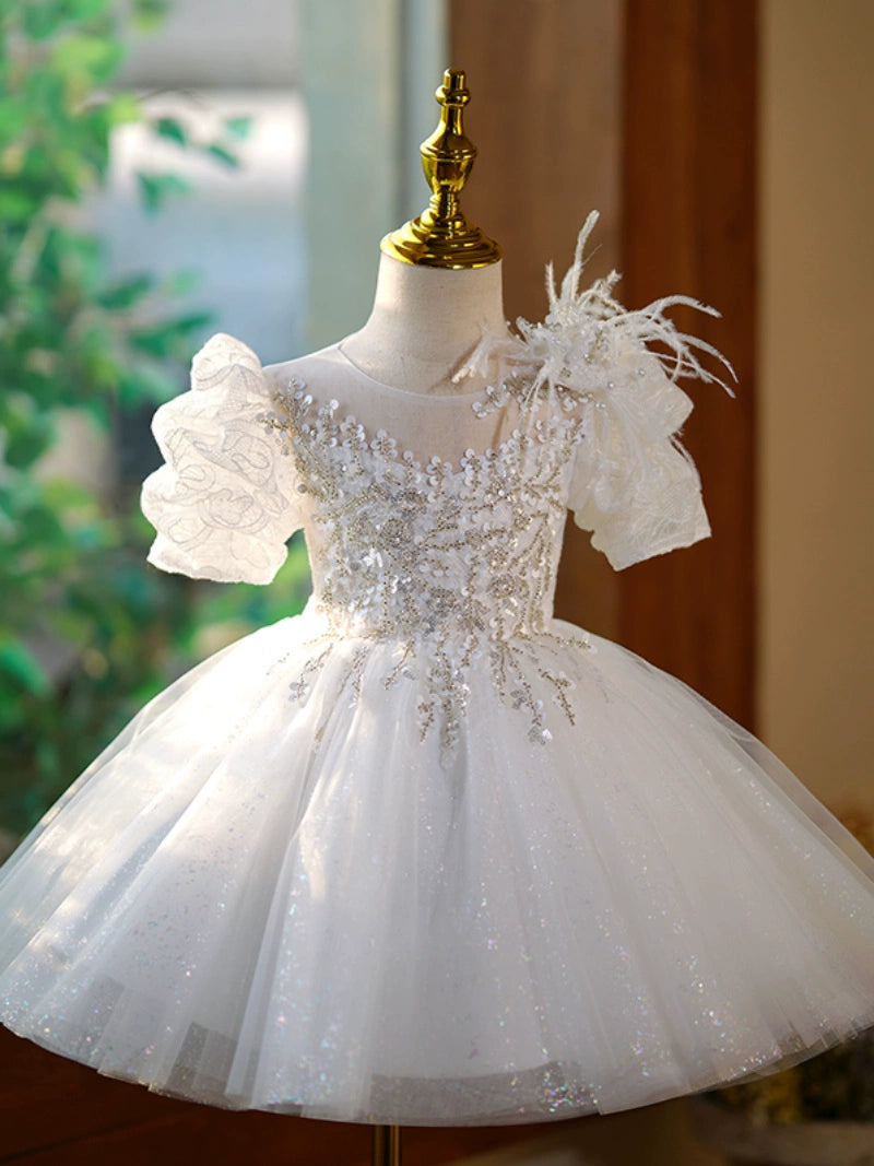 Princess White Tulle Back Zip Baptism Lace Tea Length Short Sleeve Puff Sleeve Round Flower Girl Dress