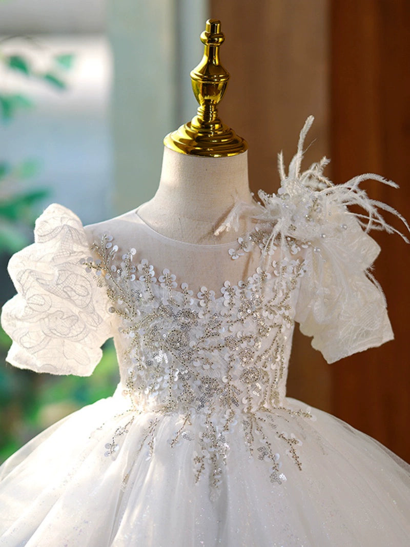 Princess White Tulle Back Zip Baptism Lace Tea Length Short Sleeve Puff Sleeve Round Flower Girl Dress