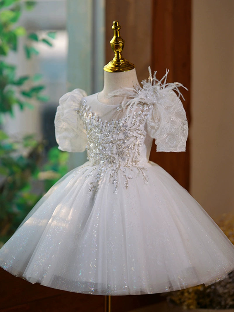 Princess White Tulle Back Zip Baptism Lace Tea Length Short Sleeve Puff Sleeve Round Flower Girl Dress